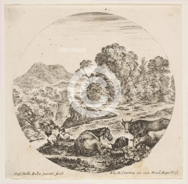 Plate 10: a horse lying down at center, a cow and two goats at right, two seated sheph..., ca. 1646. Creator: Stefano della Bella.