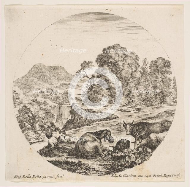 Plate 10: a horse lying down at center, a cow and two goats at right, two seated sheph..., ca. 1646. Creator: Stefano della Bella.