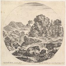 Plate 10: a horse lying down in center, a cow and two goats to right, two seated sh..., ca. 1643-48. Creator: Stefano della Bella