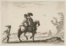 Plate 10: a horseman and a woman, seen from behind, riding towards the right with a young ..., 1642. Creator: Stefano della Bella