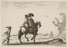 Plate 10: a horseman and a woman, seen from behind, riding towards the right with a young ..., 1642. Creator: Stefano della Bella
