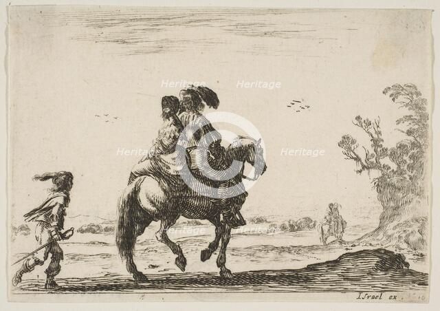 Plate 10: a horseman and a woman, seen from behind, riding towards the right with a young ..., 1642. Creator: Stefano della Bella.