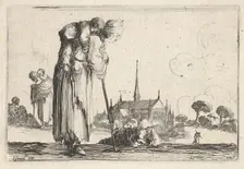 Plate 10: a peasant woman turned towards the right with a child on her back, a boy lyi..., ca. 1642. Creator: Stefano della Bella