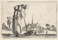 Plate 10: a peasant woman turned towards the right with a child on her back, a boy lyi..., ca. 1642. Creator: Stefano della Bella