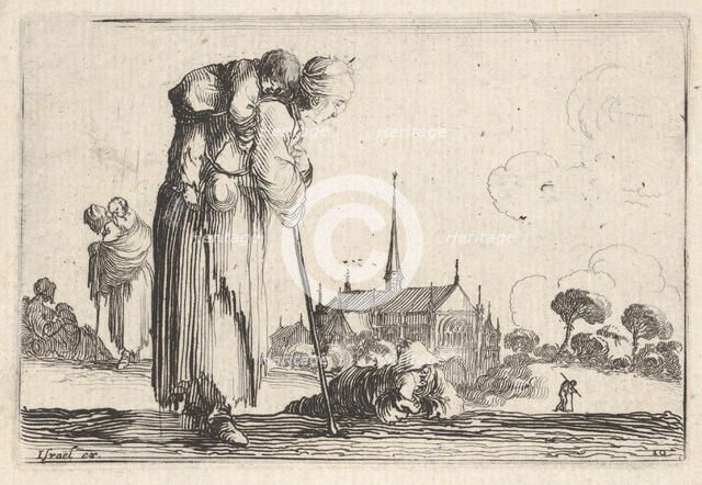 Plate 10: a peasant woman turned towards the right with a child on her back, a boy lyi..., ca. 1642. Creator: Stefano della Bella.