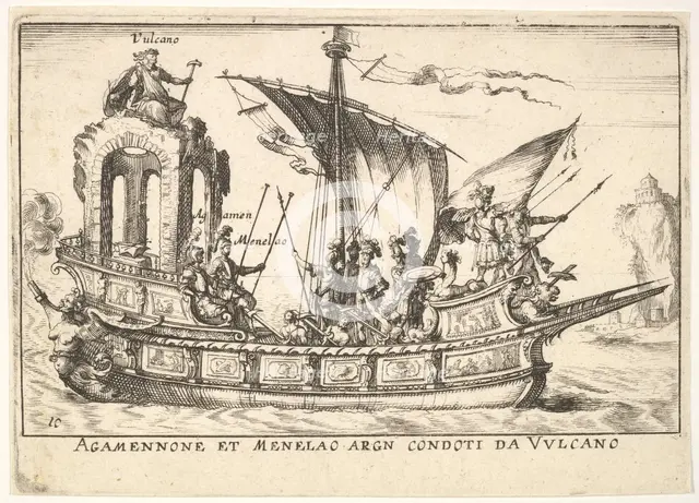 Plate 10: Agamemnon and Menelaus seated in a boat accompanied by other figures including V..., 1664. Creator: Unknown.