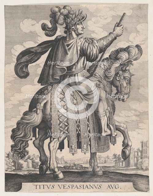 Plate 10: Emperor Titus on Horseback, from 'The First Twelve Roman Caesars' after Tempe..., 1610-50. Creator: Matthaus Merian.