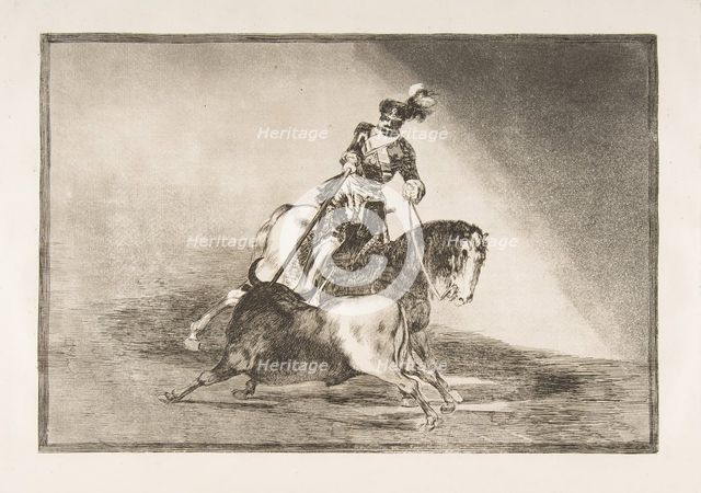 Plate 10 from 'La Tauromaquia': Charles V spearing a bull in the ring at Valladolid, 1816. Creator: Francisco Goya.