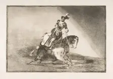 Plate 10 from La Tauromaquia': Charles V spearing a bull in the ring at Valladolid, 1816. Creator: Francisco Goya