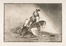 Plate 10 from La Tauromaquia': Charles V spearing a bull in the ring at Valladolid, 1816. Creator: Francisco Goya