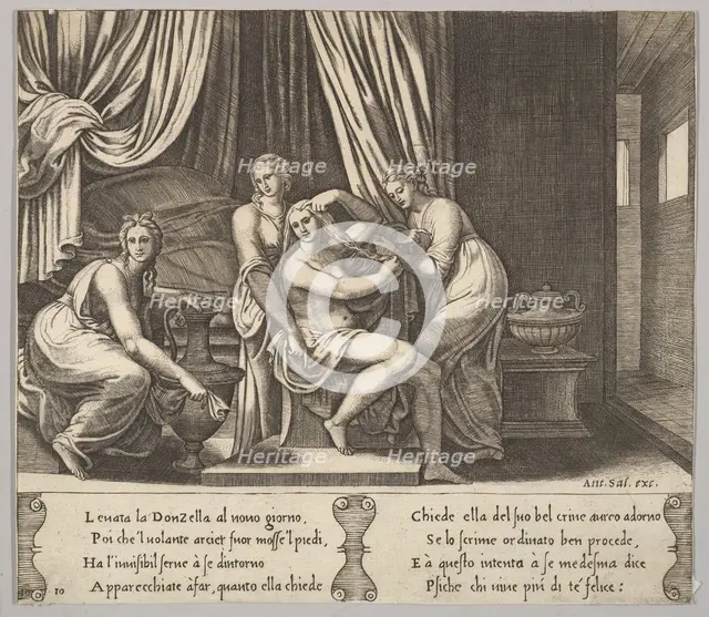 Plate 10: nymphs assisting Psyche to dress her hair, from 'The Fable of Psyche', 1530-60. Creator: Master of the Die.
