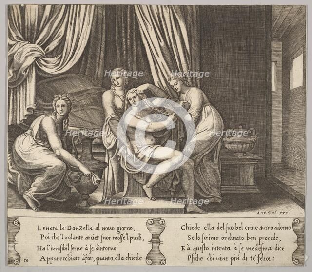 Plate 10: nymphs assisting Psyche to dress her hair, from 'The Fable of Psyche', 1530-60. Creator: Master of the Die.