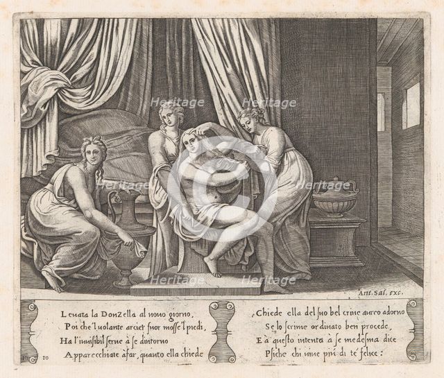 Plate 10: Nymphs dressing Psyche's hair, from the Story of Cupid and Psyche as told by ..., 1530-60. Creator: Master of the Die.
