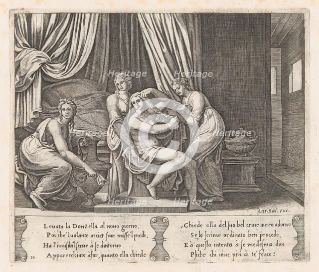 Plate 10: Nymphs dressing Psyche's hair, from the Story of Cupid and Psyche as told by ..., 1530-60. Creator: Master of the Die.