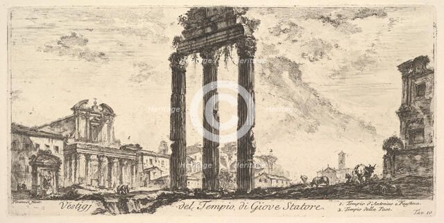 Plate 10: Ruins of the Temple of Jupiter Stator (Jupiter the Supporter). 1. Temple of ..., ca. 1748. Creator: Giovanni Battista Piranesi.