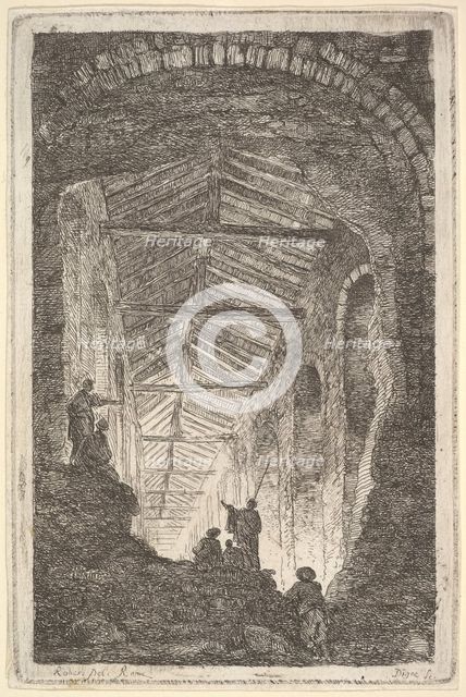 Plate 10: The Ancient Gallery: a large covered gallery, light entering from the bac..., ca. 1763-64. Creator: Hubert Robert.