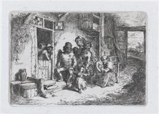 Plate 10: two figures dancing, another seated playing an drum, from the series of customs ..., 1850. Creator: Francisco Lameyer Berenguer