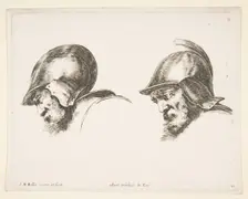 Plate 10: two heads of old soldiers wearing helmets, both facing left and looking down..., ca. 1641. Creator: Stefano della Bella