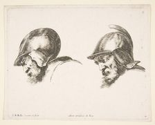 Plate 10: two heads of old soldiers wearing helmets, both facing left and looking down..., ca. 1641. Creator: Stefano della Bella