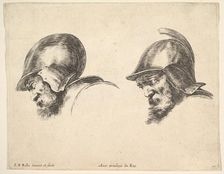 Plate 10: two heads of old soldiers wearing helmets, both facing left and looking down..., ca. 1641. Creator: Stefano della Bella