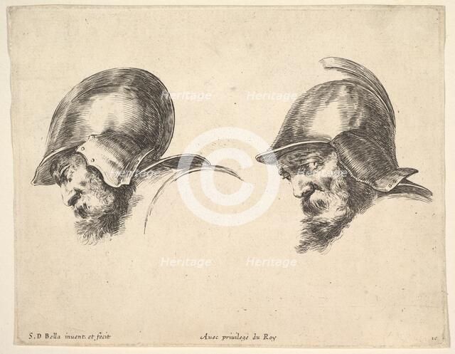 Plate 10: two heads of old soldiers wearing helmets, both facing left and looking down..., ca. 1641. Creator: Stefano della Bella.