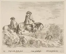Plate 10: two horsemen descending a mountain at left, another horseman to right in ..., ca. 1644-47. Creator: Stefano della Bella