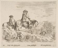 Plate 10: two horsemen descending a mountain at left, another horseman to right in ..., ca. 1644-47. Creator: Stefano della Bella