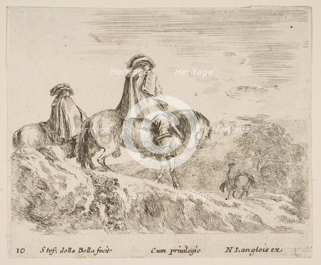 Plate 10: two horsemen descending a mountain at left, another horseman to right in ..., ca. 1644-47. Creator: Stefano della Bella.