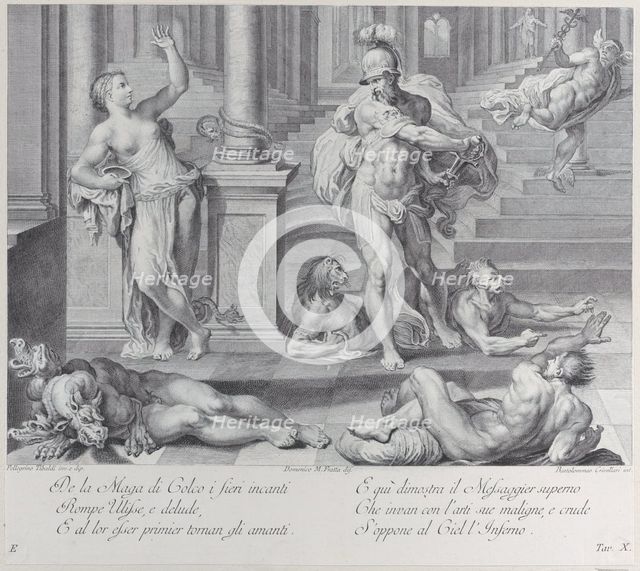 Plate 10: Ulysses compelling Circe to restore his companions' human shapes, which she had ..., 1756. Creators: Bartolomeo Crivellari, Domenico Maria Fratta.