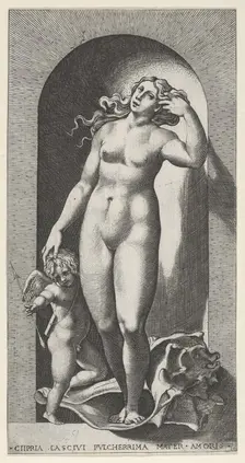 Plate 10: Venus in a niche, standing on a conch shell, with Cupid to her right, from a ser..., 1526. Creator: Giovanni Jacopo Caraglio