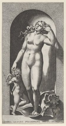 Plate 10: Venus in a niche, standing on a conch shell, with Cupid to her right, from a ser..., 1526. Creator: Giovanni Jacopo Caraglio