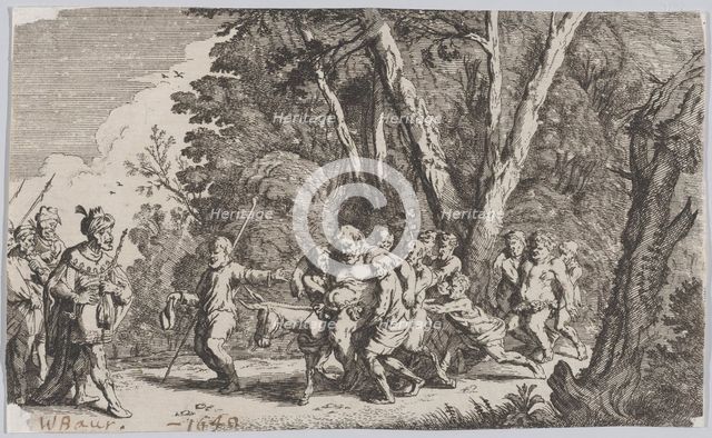 Plate 101: Silenus before King Midas, from 'Ovid's Metamorphoses', 1641. Creator: Johann Wilhelm Baur.