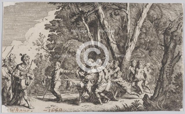 Plate 101: Silenus before King Midas, from 'Ovid's Metamorphoses', 1641. Creator: Johann Wilhelm Baur.