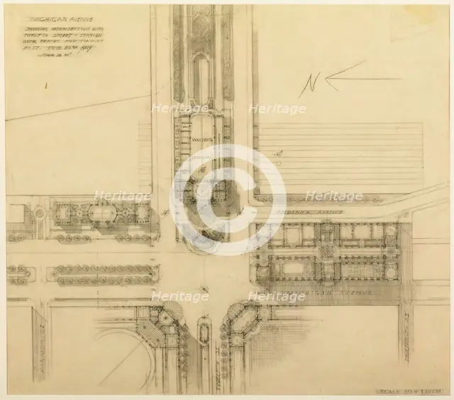 Plate 119 from The Plan of Chicago, 1909: Chicago. Sketch Plan of the Intersection of Michigan... Creator: Daniel Burnham.
