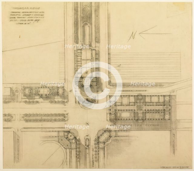 Plate 119 from The Plan of Chicago, 1909: Chicago. Sketch Plan of the Intersection of Michigan... Creator: Daniel Burnham.