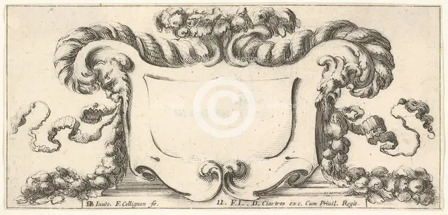 Plate 11: a cartouche with fruits, flowers, and leaves at top, a mask of a faun in ..., ca. 1640-45. Creator: Francois Collignon.