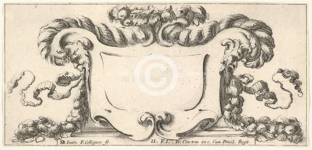 Plate 11: a cartouche with fruits, flowers, and leaves at top, a mask of a faun in ..., ca. 1640-45. Creator: Francois Collignon.