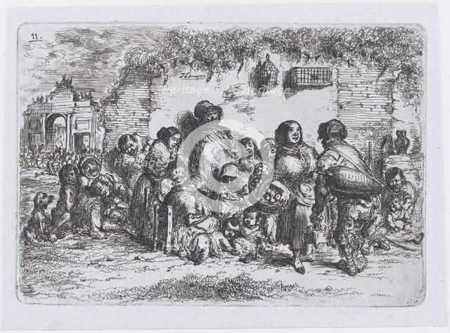 Plate 11: a group of people outdoors, from the series of customs and pastimes of the Spani..., 1850. Creator: Francisco Lameyer Berenguer.
