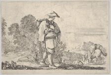 Plate 11: a peasant wearing a hat at center, walking towards the right, a horse descen..., ca. 1641. Creator: Stefano della Bella