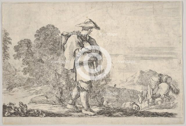 Plate 11: a peasant wearing a hat at center, walking towards the right, a horse descen..., ca. 1641. Creator: Stefano della Bella.