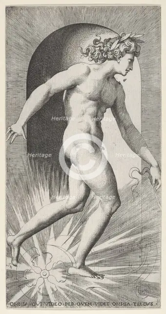 Plate 11: Apollo riding his chariot in a niche, facing right, from a series of mythologica..., 1526. Creator: Giovanni Jacopo Caraglio.