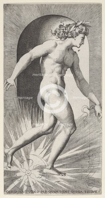 Plate 11: Apollo riding his chariot in a niche, facing right, from a series of mythologica..., 1526. Creator: Giovanni Jacopo Caraglio.
