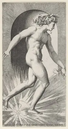 Plate 11: Apollo riding his chariot in a niche, facing right, from a series of mythologica..., 1526. Creator: Giovanni Jacopo Caraglio