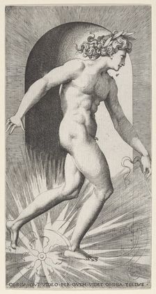 Plate 11: Apollo riding his chariot in a niche, facing right, from a series of mythologica..., 1526. Creator: Giovanni Jacopo Caraglio