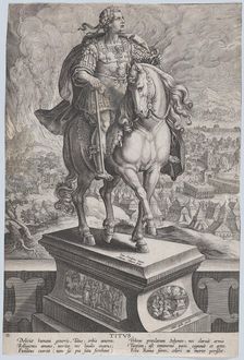 Plate 11: equestrian statue of Titus, seen three-quarters to the right, Mount Vesuv..., ca. 1587-89. Creator: Adriaen Collaert