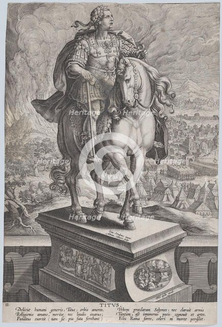 Plate 11: equestrian statue of Titus, seen three-quarters to the right, Mount Vesuv..., ca. 1587-89. Creator: Adriaen Collaert.