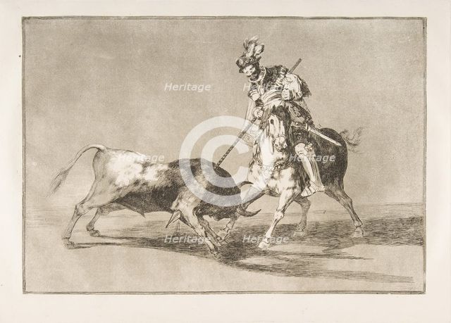 Plate 11 from the 'Tauromaquia': The Cid campeador spearing another bull., 1816. Creator: Francisco Goya.
