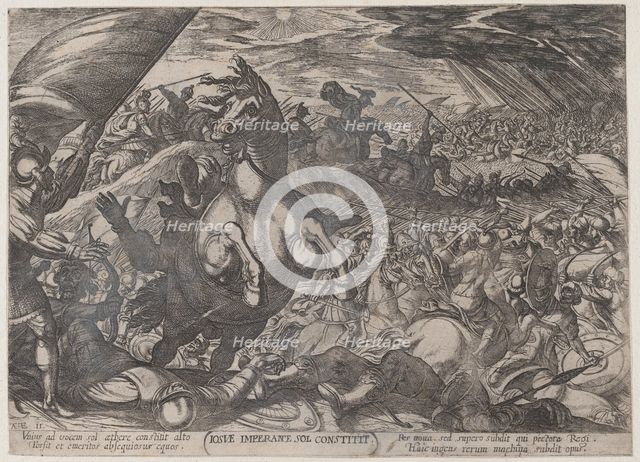 Plate 11: Joshua Ordering the Sun to Stand Still, from 'The Battles of the Ol..., ca. 1590-ca. 1610. Creator: Antonio Tempesta.