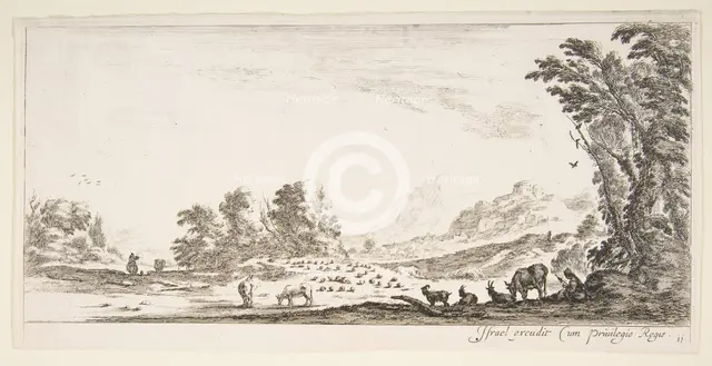 Plate 11: shepherdess seated to the right under a tree, watching her flock to the left..., ca. 1641. Creator: Stefano della Bella.