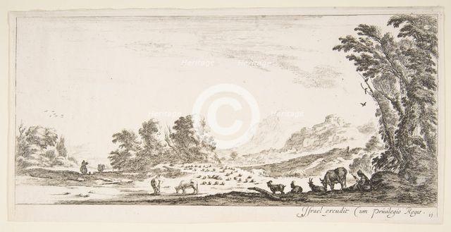 Plate 11: shepherdess seated to the right under a tree, watching her flock to the left..., ca. 1641. Creator: Stefano della Bella.